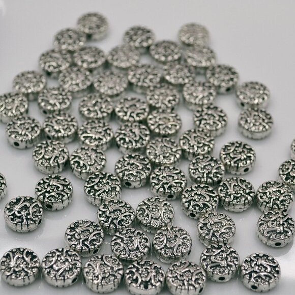 48 Piece Antiqued Silver-Tone Coin Spacer Beads with Floral Pattern, 10mm x 4mm - Picture 1 of 3
